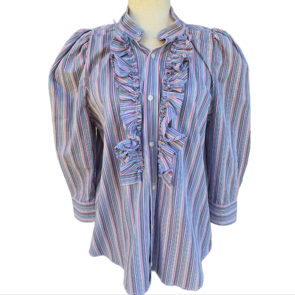 ​KMJ Cleo Shirt Ruffle Tuxedo Stripe Shirt Blue Pink Green White Medium